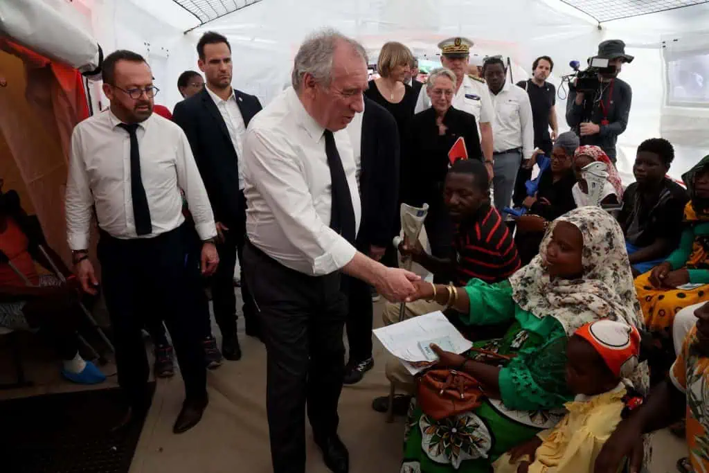 Francois Bayrou, Manuel Valls, Borne . French Prime Minister Francois Bayrou, French Minister for Education, Higher Education and Research Elisabeth Borne and French Minister for Overseas France Manuel Valls and Minister in charge of Health and Access to Care Yannick Neuder visit to the ESCRIM hospital in Mamoudzou. The most devastating cyclone in France. s poorest department, where rescue workers have been struggling to restore essential services such as water, electricity and communications networks in Mamoudzou in the Indian Ocean, December 30, 2024. Francois Bayrou, Elisabeth Borne, Manuel Valls, Yannick Neuder visitent un hôpital de campagne ESCRIM à Mamoudzou. Le cyclone le plus devastateur dans le departement le plus pauvre de France, ou les secouristes luttent pour retablir les services essentiels tels que l eau, l electricite et les reseaux de communication a Mamoudzou dans l ocean Indien, le 30 decembre 2024 .