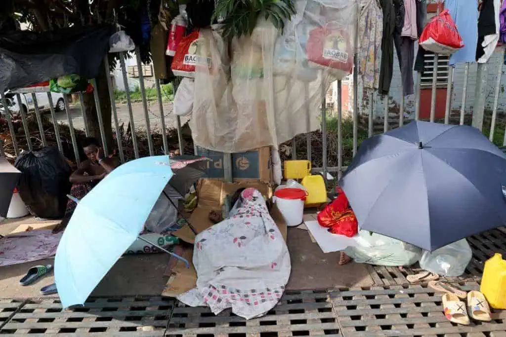 illustration of the Cavani camp for migrants from various African countries, on the outskirts of Cavani stadium. 200 people live there in Mamoudzou in the French Indian Ocean island of Mayotte on April 21, 2024. illustration du camp de Cavani qui regroupe des migrants venus de differents pays d Afrique aux abords du stade de Cavani. 200 personnes y vivent.a Mamoudzou dans l ile de Mayotte dans l ocean Indien le 21 avril 2024.