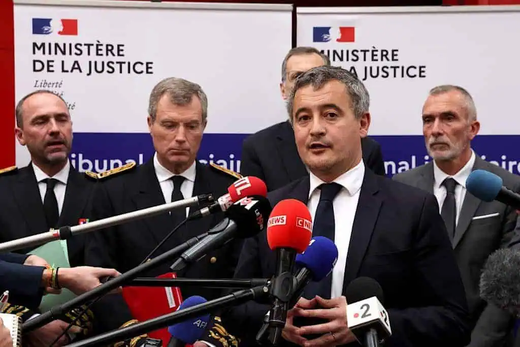 Gerald Darmanin and Prefet Christophe Mirmand. French Minister of Justice Gerald Darmanin delivers a press conference during a visit at Marseille courthouse in Marseille, southern France, on January 2, 2025. Le ministre de la Justice Gerald Darmanin donne une conference de presse lors d une visite au palais de justice de Marseille a Marseille le jeudi 2 janvier 2025.