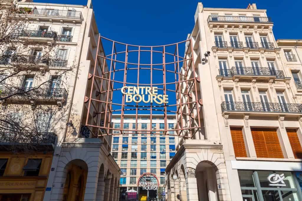 Marseille, France - January 28, 2022: Exterior view of the Modern shoppping mall Bourse Centre Commercial in Marseille, city in the Southern France.