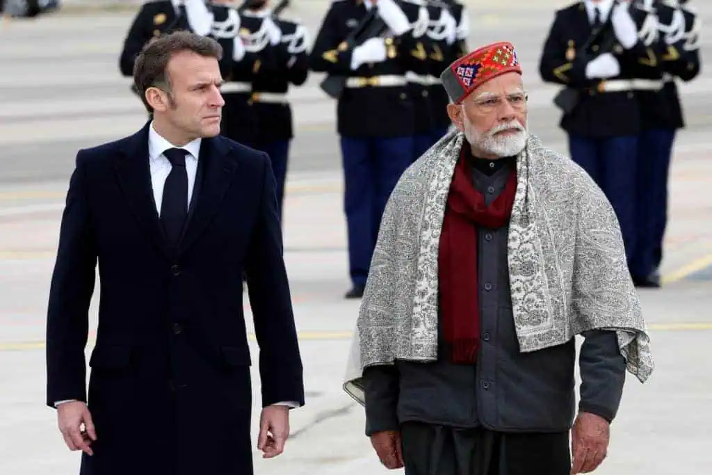 Emmanuel Macron and Narendra Modi. French President Emmanuel Macron and Indian Prime Minister Narendra Modi attend a departure ceremony at Marseille Provence airport in Marignane as part of a visit in Marseille, Southern France, February 12, 2025. Le President Emmanuel Macron et le Premier ministre indien Narendra Modi assistent a une ceremonie de depart a l aeroport Marseille Provence a Marignane dans le cadre d une visite a Marseille a Marignane mercredi 11 fevrier 2025