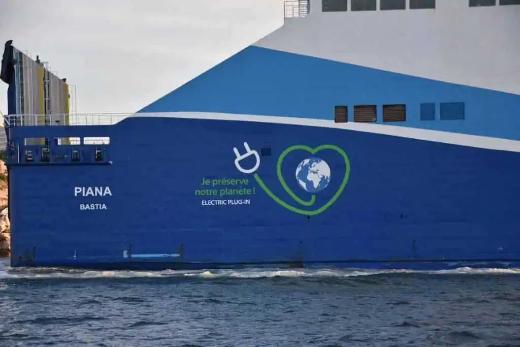 Marseille, France - October 25, 2019 : A ship of the company "La Méridionale" leaves the port of Marseille. This company is the only one to supply its boats with electricity at docks