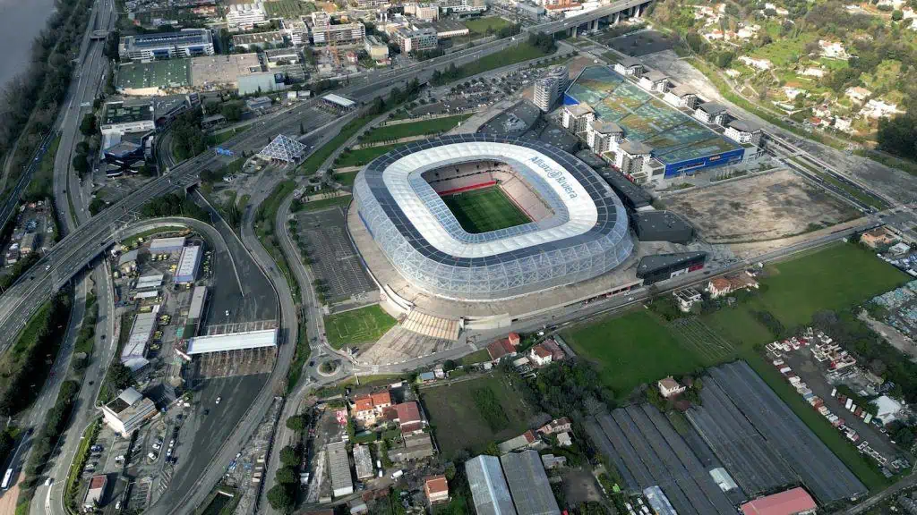 NICE, FRANCE - MARCH 10, 2024. Aerial view of the Allianz Riviera football arena